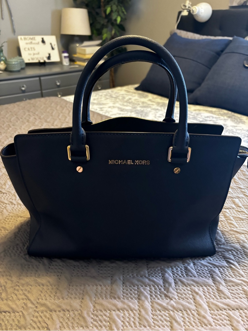 Michael Kors Black Leather Top-Handle Satchel with Gold Hardware